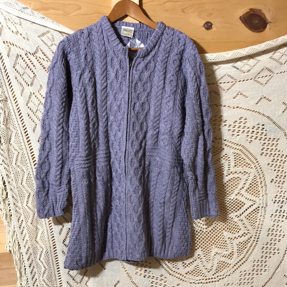 Kilronan Knit Wool zip cable cardigan purple lilac lavender Large Irish Ireland